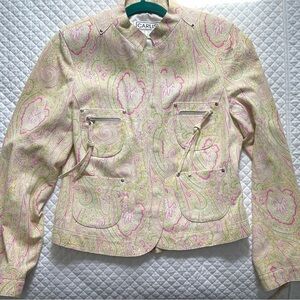 Carlisle Cream, Pink & Light Green Paisley Suede  Leather Jacket Size 8